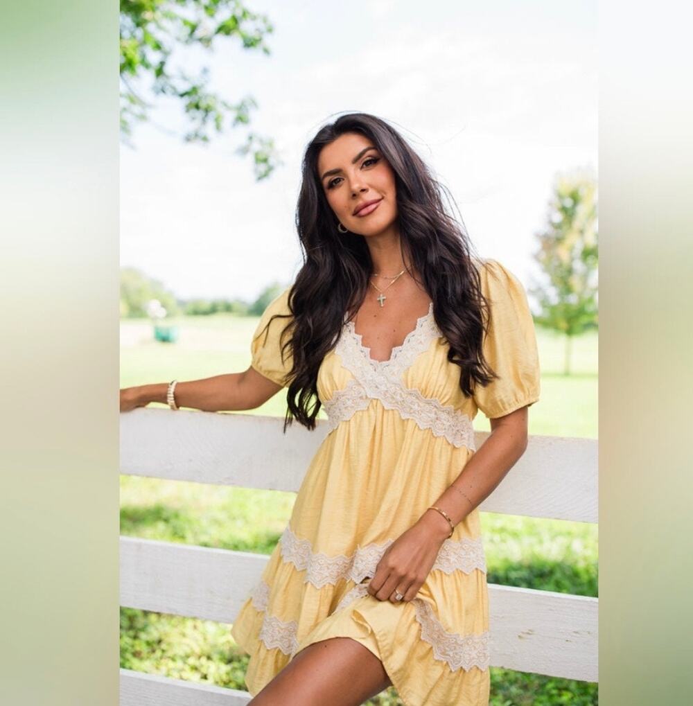 Pink Lily Savor This Feeling S Babydoll Mustard Lace Mini Dress Prairie Tiered